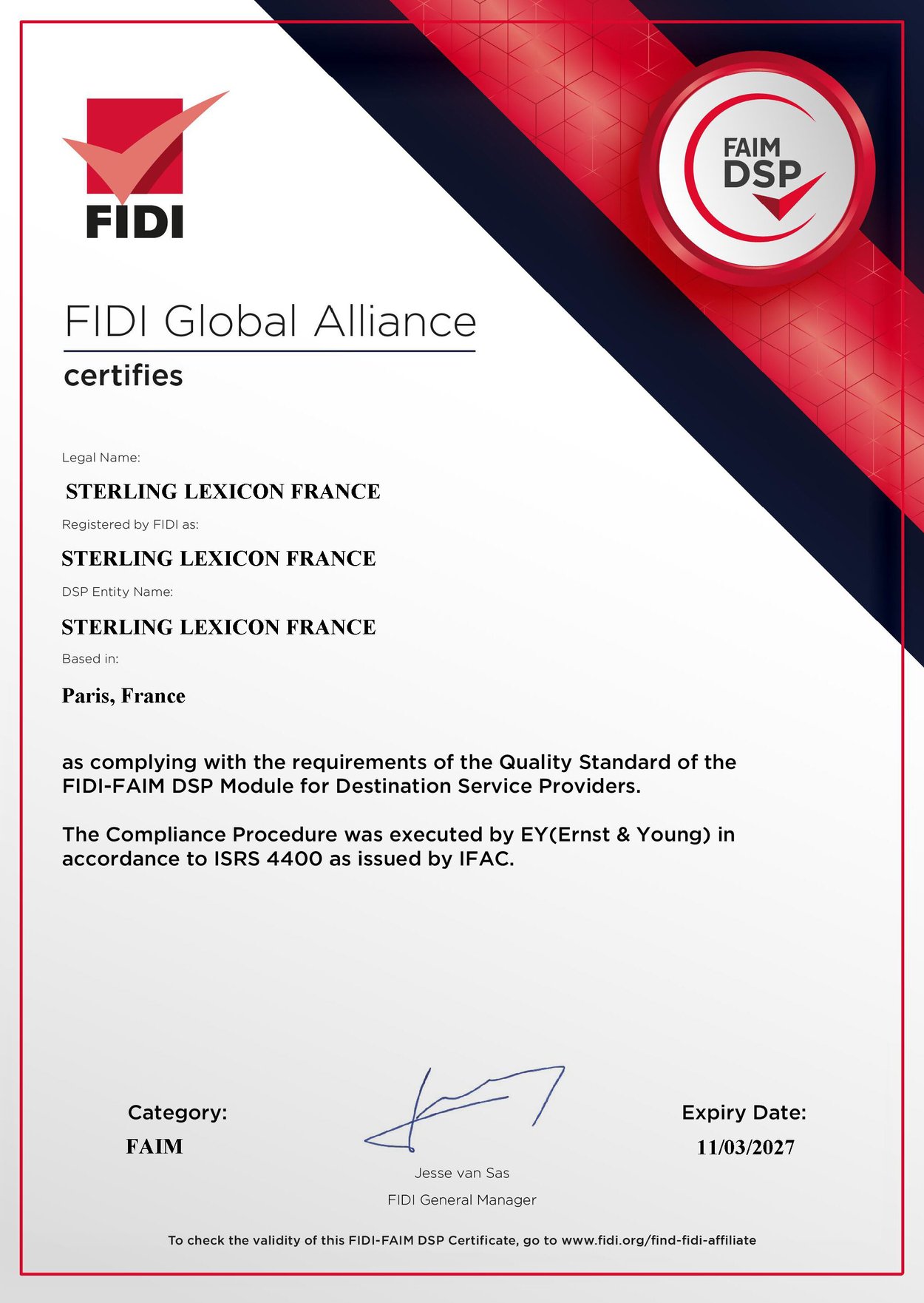 Sterling Lexicon France FAIM DSP Certificate 2024